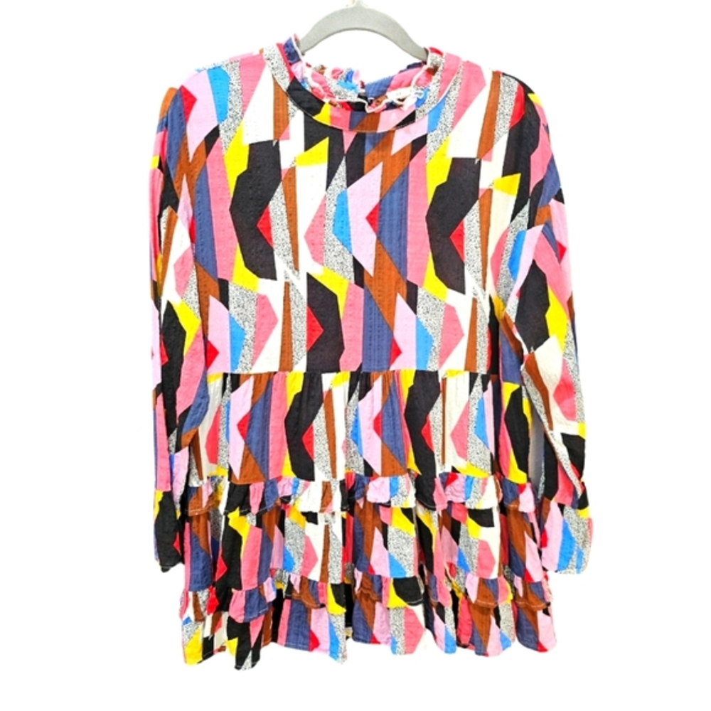 JODIFL Geometric Patterned Ruffled Mock Neck Longsleeve Artsy Blouse Size L